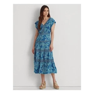 Ralph Lauren Women Blue Jersey Floral Boho Flutter Sleeve Midi Dress Size US 4 - Picture 1 of 6