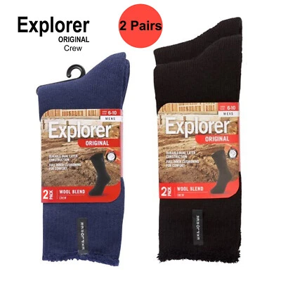 Explorer 2 Pairs Original Mens Crew Thick Work Winter Wool Socks Navy Blue Black - image 1 of 3