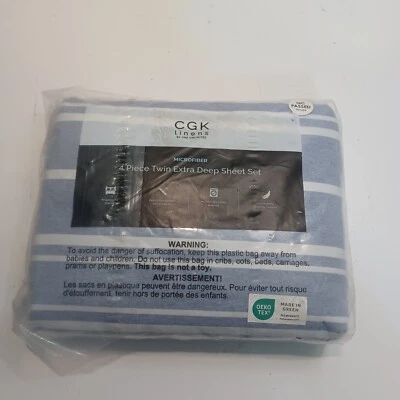 CGK Linens 4 Pc Twin Extra Deep Sheet Set Blue/White Stripe  Item#986 - Image 1 of 4