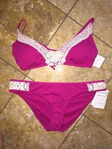 Nwt Lucky Brand Natürlich Connection Pink Häkel Bikini Badeanzug Satz Damen L - Picture 1 of 6