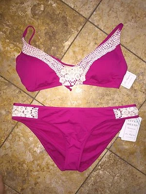 NUEVO CON ETIQUETAS $130 Lucky Brand Conexión Natural Rosa Crochet Bikini Traje de Baño Conjunto Mujeres L Foto 1 de 4