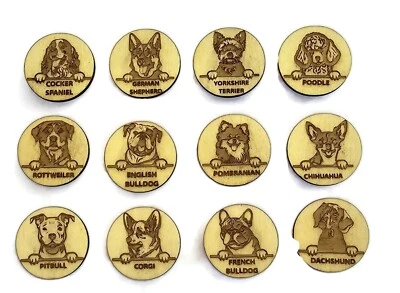 DOG BREEDS 12pc Magnet Set - Handmade Wood Laser Engraved Home Office Vet Decor - Image 1 of 2