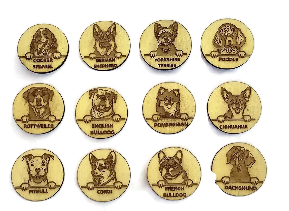 DOG BREEDS 12pc Magnet Set - Handmade Wood Laser Engraved Home Office Vet Decor - Image 1 of 2