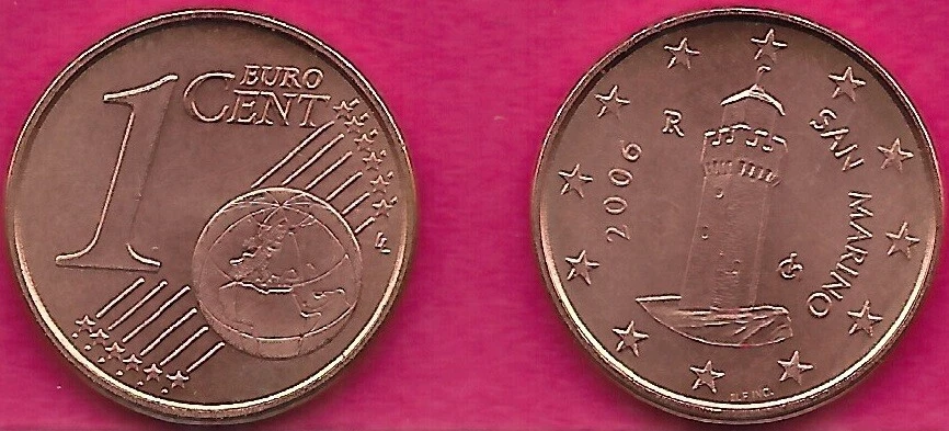 SAN MARINO 1 EURO CENT 2006-R BU 1st TYPE,THE THIRD TOWER,MONTVALE AROUND IT,TWE - Image 1 of 1