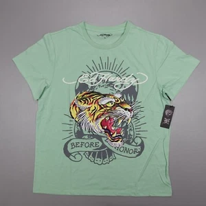 ED HARDY Men's T-Shirt Graphic Tattoo Tiger Head Before Honor Y2K Green - Picture 1 of 15
