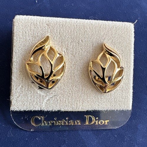 Orecchini Christian Dior foglia oro metallo vintage clip su placcato oro nuovi su cartoncino