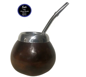 Taza de té de calabaza mate argentina hecha a mano con pajita + cuchara extra - Yerba natural M - Imagen 1 de 4
