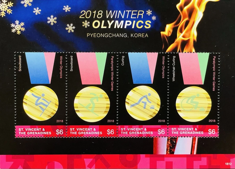圣文森特 2018 年冬季奥运会邮票 4 张全新邮票滑雪板卷曲运动 — 第 1/1 张图片