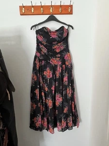 Laura Ashley Vintage 90’s Navy & Pink Floral Strapless Ruched Dress Size 16 - Picture 1 of 12