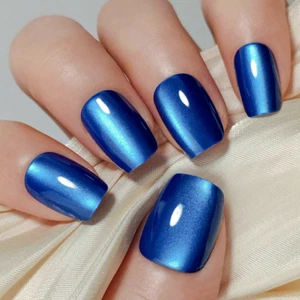 SHORT *BLUE CAT EYE* Full Cover Square 24 Nail Tips Press On Glue Set! - Picture 1 of 4