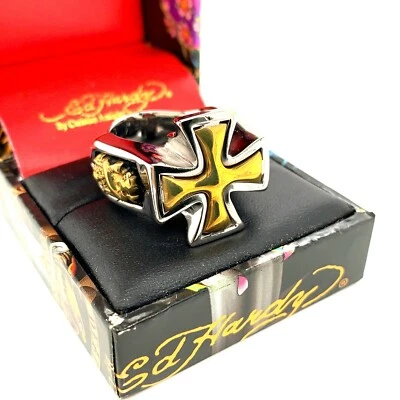 Auténtico Anillo Ed Hardy Cruz Oro Acero Inoxidable Talla 7, 8 Foto 1 de 4