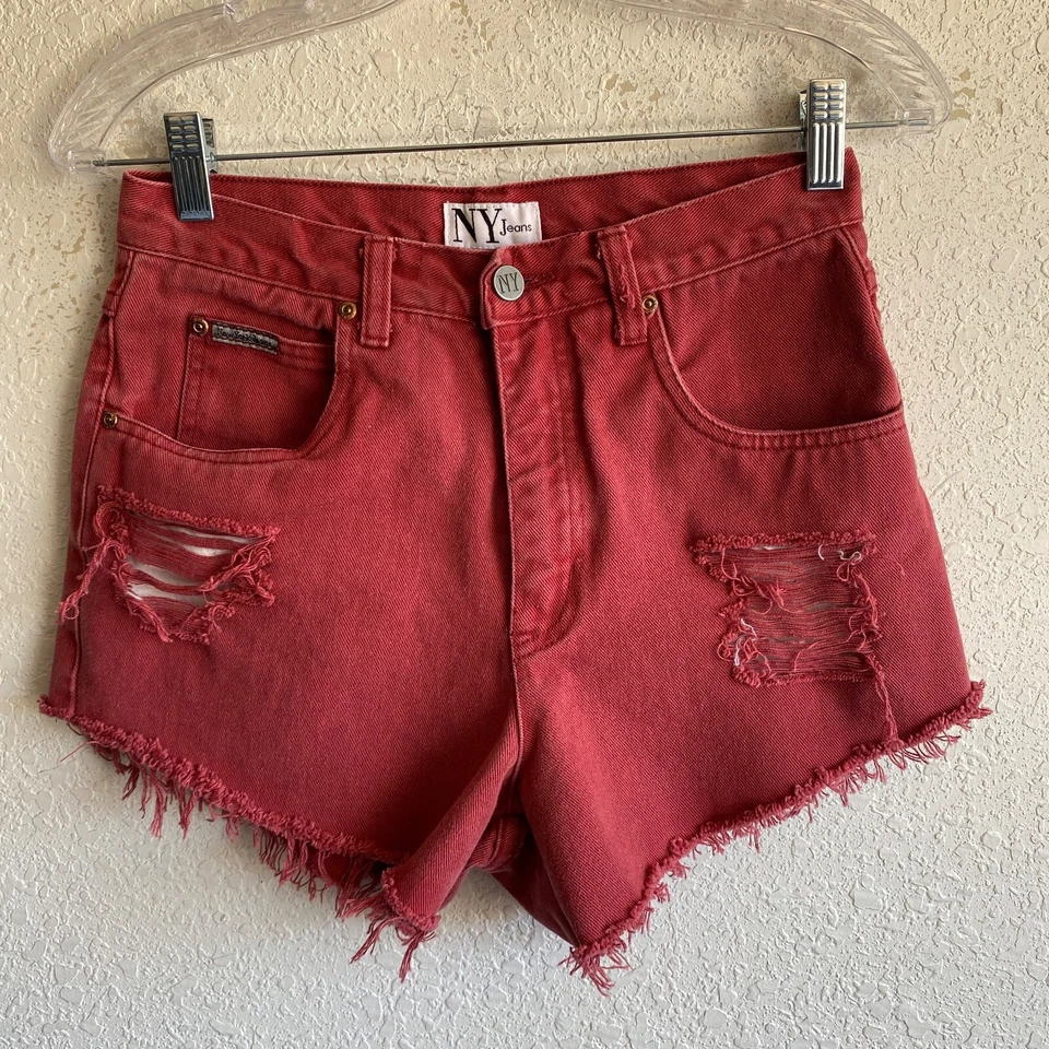 NY Jeans Womens Shorts Cutoff Size 4 Easy Fit Distressed Red Denim Measured 27x3 - Image 1 of 4