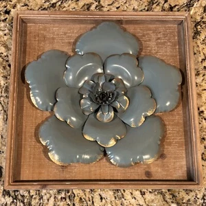 12” x 12” WOOD FRAMED TIN FLOWER (TEAL COLOR FLOWER) WALL ART - Picture 1 of 4