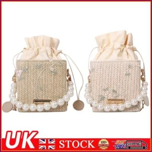 Women Flower Woven Drawstring Mini Crossbody Bags Bucket Pearl Handbags - Picture 1 of 14