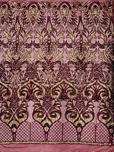 Damask Open Heart Design - Burgundy / Gold - 4 Way Stretch Sequin Fabric by Yard - Picture 1 of 5