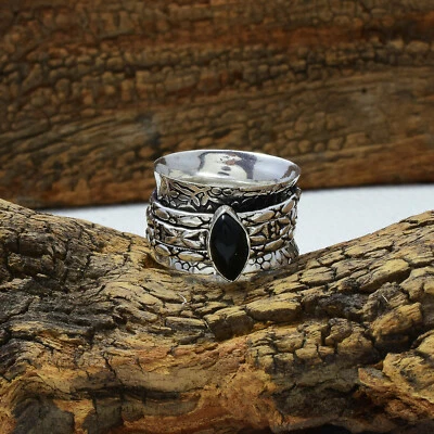 Fantástico Ónice Negro Gema 925 Plata de Ley Giratorio Handmade Anillo All Talla - Imagen 1 de 3