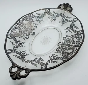 Sterling Silber Überfang Vintage Klarglas Schüssel Oval Griff Schale 10,5" L 6,75" W - Bild 1 von 4