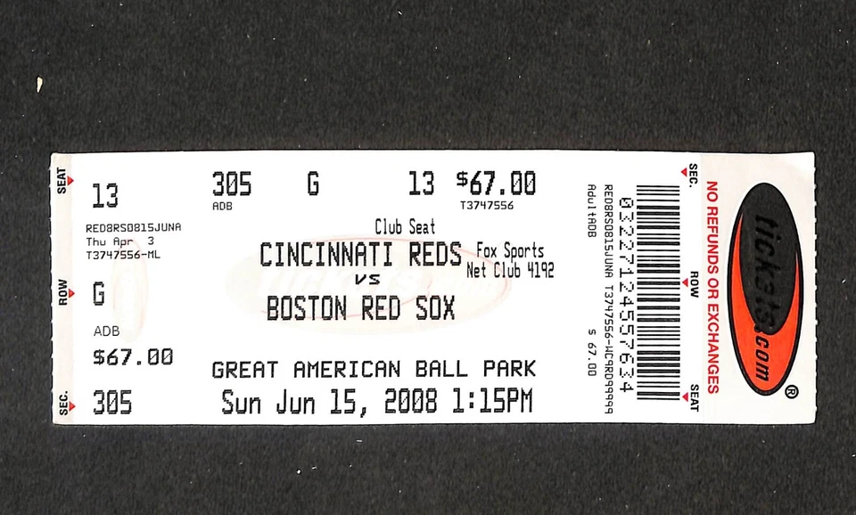 JUNE 15, 2008, BOSTON RED SOX@ CINCINNATI REDS FULL TICKET - Image 1 of 1