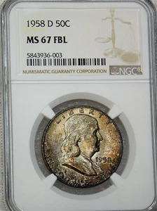 1958-D Franklin Silver Half Dollar NGC MS67FBL Rose/Gold Full Bell Lines #E525 - Picture 1 of 6