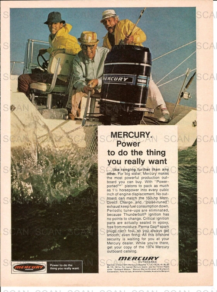 Mercury Outboard Motors 1974 anuncio de revista vintage 150 HP Mercury 1500 pesca Foto 1 de 1