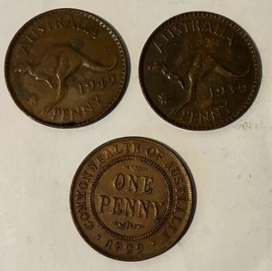 1929, 1939, & 1942 Australia  Penny Coin Collection 3 coins Lot 406 - Picture 1 of 2
