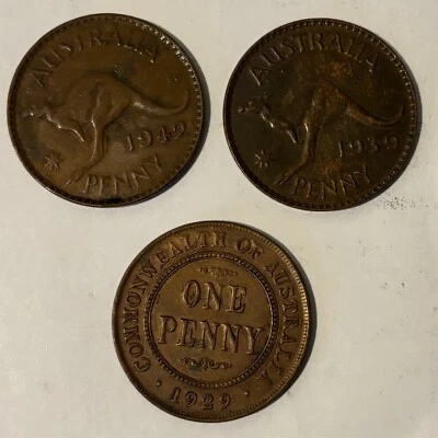 1929, 1939, & 1942 Australia  Penny Coin Collection 3 coins Lot 406 - Image 1 of 2