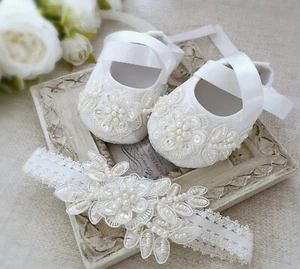 Girl Baptism Shoes in Off White, Christening Pearl Shoes and Pearl Headband - Picture 1 of 10