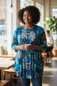 Top túnica ROAMAN'S talla 1X 22/24 azul cuello barco columpio 3/4 Slv mezcla de rayón EPOC - Imagen 1 de 7