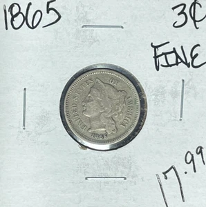 TRES CENTAVOS DE NÍQUEL 1865 ~ FINA ~BONITA MONEDA~ - Imagen 1 de 2