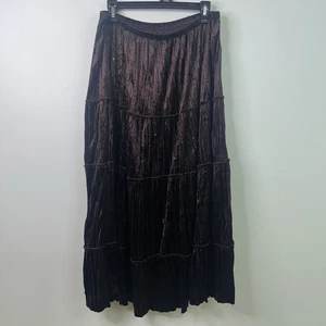 Ninety 2X Brown Crushed Velvet Maxi Skirt Boho Tiered Sequin Holiday Party Glam - Picture 1 of 9