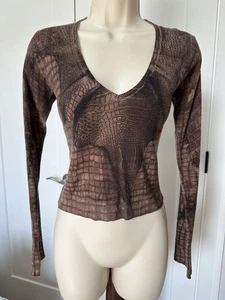 EUC JOHN GALLIANO Brown 100% cashmere Alligator Print Tail Low V Neck Women’s M - Picture 1 of 4