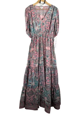 Boemo Vestido Maxi Boho Estampado Paisley Volantes en Niveles Rosa Multi Años 90 Retro  Foto 1 de 4
