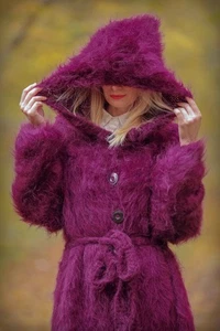 Long purple mohair cardigan with hood thick fuzzy SuperTanya sweater coat XL-XXL - Picture 1 of 10