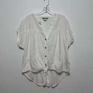 Sharagano White Linen Blend Button Up Tie Front Blouse Shirt Womens Size L STAIN - Picture 1 of 11