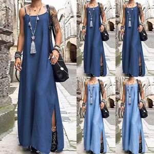 Plus Size Womens Denim Long Maxi Dress Summer Strappy Baggy Holiday Sundress US