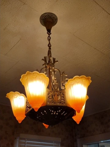 Antique Art Deco Slip Shade Ceiling 5 Hanging Light Fixture Vintage Chandelier Cover