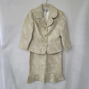 Victor Costa Suit Women 8 Vintage Cream Damask 3/4 Sleeve Blazer Tulip Skirt Set - Picture 1 of 24