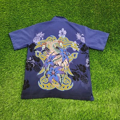 Vintage Y2K Tribal Snake Aloha Button Shirt S/M 20x26 Blue Black Ombre Polyester - Image 1 of 4
