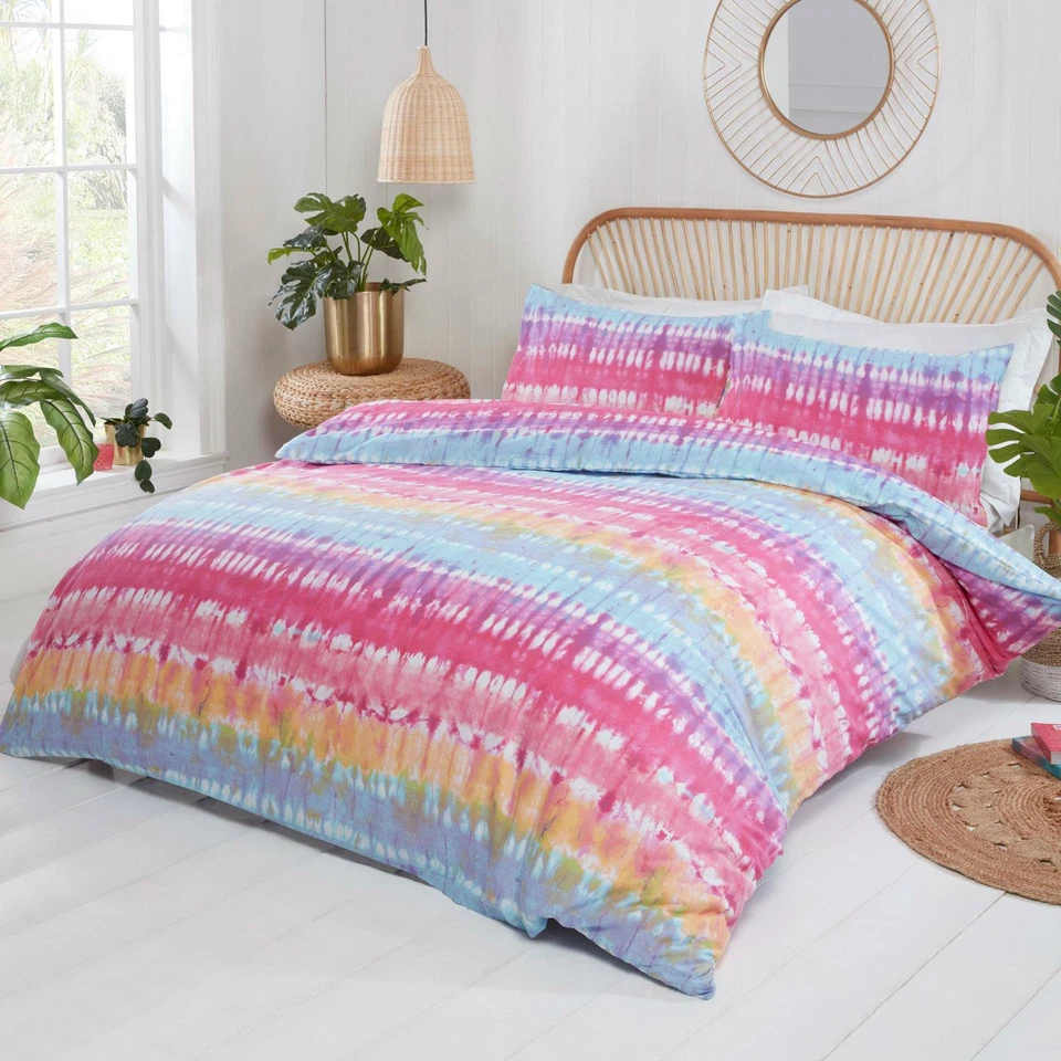 Tie Dye Duvet Cover Set Colourful Rainbow Stripes Bedding - Single & Double - Image 1 of 1