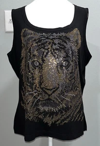 ST. JOHN CAVIAR COLLECTION Black studded tiger image sleeveless top, Size XL - Picture 1 of 7