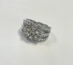 925 Sterling Silver CZ Flower Marquise & Round Stones Floral Marked Ring Sz 7 - Picture 1 of 10