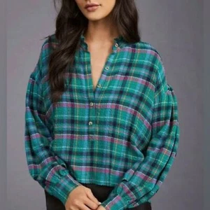 Anthropologie Pilcro Cropped Puff-Sleeve Blouse Green Plaid Large Relaxed Fit - Picture 1 of 16