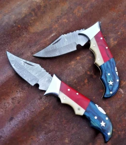 Pair of Handmade Damascus Folding Knives Patriotic Red White Blue Handle Star - Picture 1 of 3