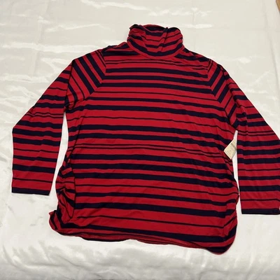 Coldwater Creek 衬衫女式 3X 高领衬衫条纹红色蓝色 Ruching — 第 1/4 张图片