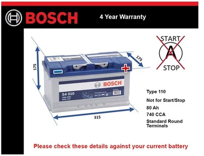 Car Battery S4010 Bosch 110 740A 80Ah 4Yr Warranty 315x175x175 - Image 1 of 4