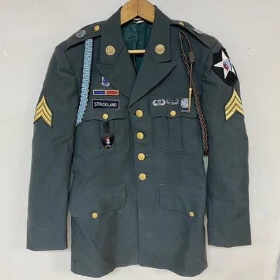 Vintage Korean U.S. Army Dress Uniform Green Jacket Medal Airborne Injim Scouts - Image 1 of 4