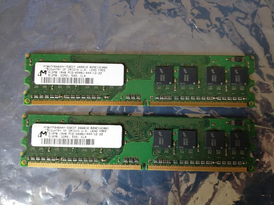 1GB 2x512MB Micron Memory 1RX8 PC2-4200U-444-12-ZZ, 533, CL4 Country of Orig US - Image 1 of 3