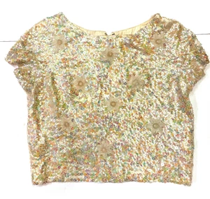 House of Gold Sequined Beaded Blouse Short Sleeve Yellow Iridescent Vintage 16 - Picture 1 of 8