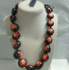 VTG Black Kukui Nut Orange Flowers Painted Lei Necklace 18"