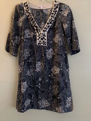 Rebecca Taylor Floral Embellished Jeweled Cotton Silk Above Knee Dress Size 4 - Image 1 of 4